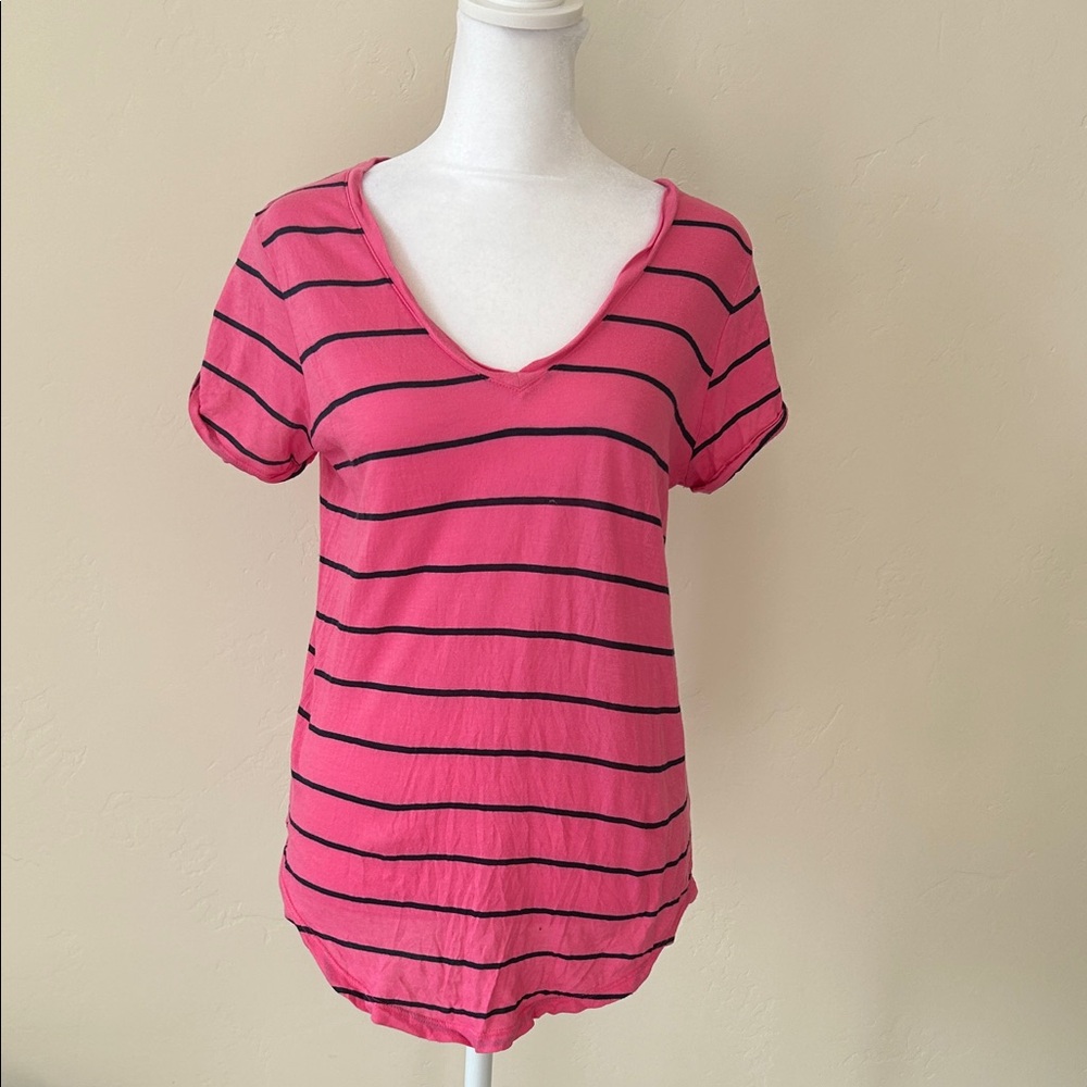 Polo Ralph Lauren Pink and Navy Striped V-neck Tee Top